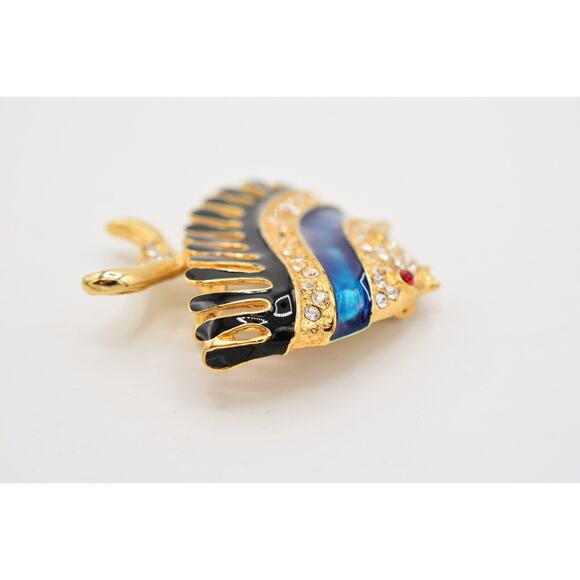 Vintage Fish Pin Brooch Blue Black Enamel Gold Rhinestone Crystal Chunky Bin5A - Picture 8 of 12